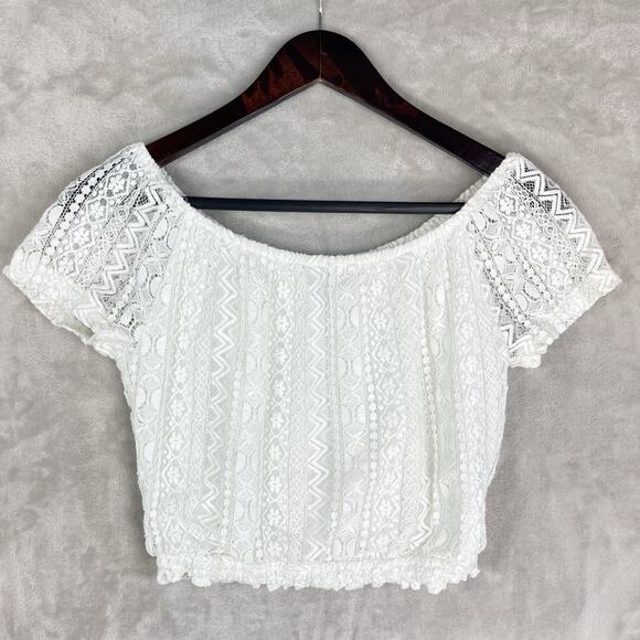 Hollister Tops - Hollister Crop Top Crochet Lace White Short Cap Sleeves Size XS Y2K Coquette
